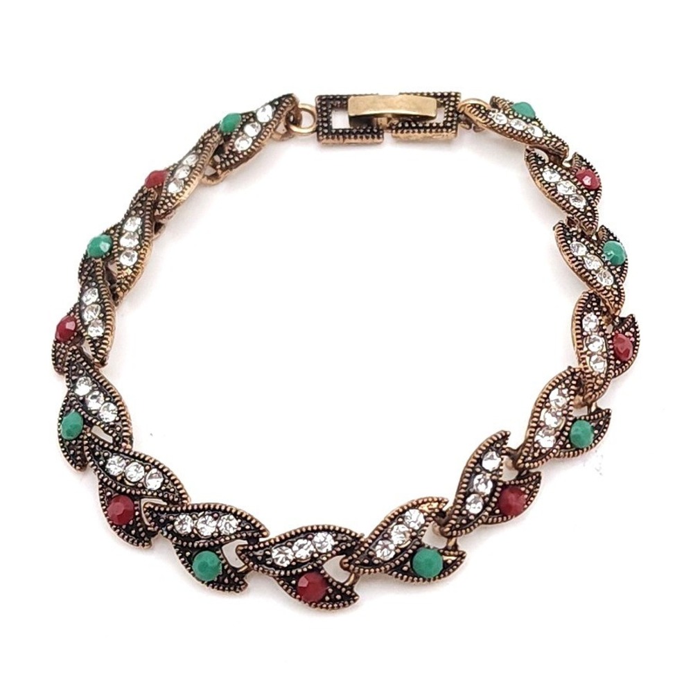 Vintage Turkish Ottoman Style Bronze Tone Bracelet Red Green Rhinestone 6.5in